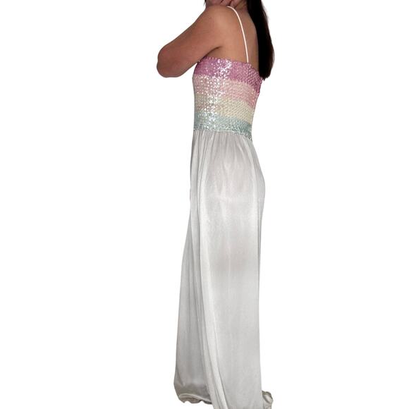 Vintage Y2K Pastel Sequins & Polyester White Dress Full Length Gown Elastic - Picture 7 of 13